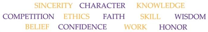 PSE values: sincerity, character, knowledge, competition, ethics, faith, skill, wisdom, belief, confidence, work, honor